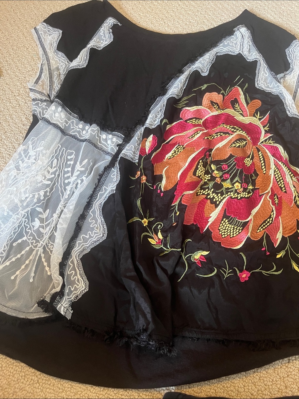 Free People In Bloom Twisted Tee Black Floral Embroidered Boho Top Medium - Picture 5 of 6